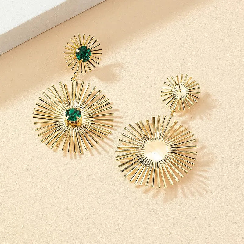 Green Stone Big Metal Dangle Earring Post for Women Gold Color Vintage Geometric Statement Drop Earrings New Style