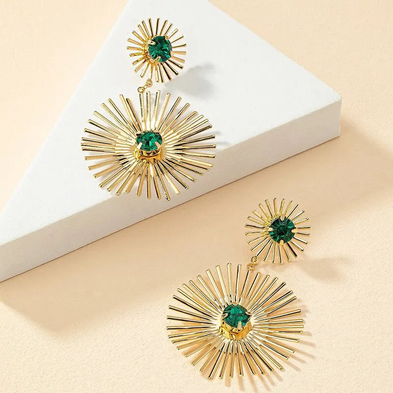 Green Stone Big Metal Dangle Earring Post for Women Gold Color Vintage Geometric Statement Drop Earrings New Style